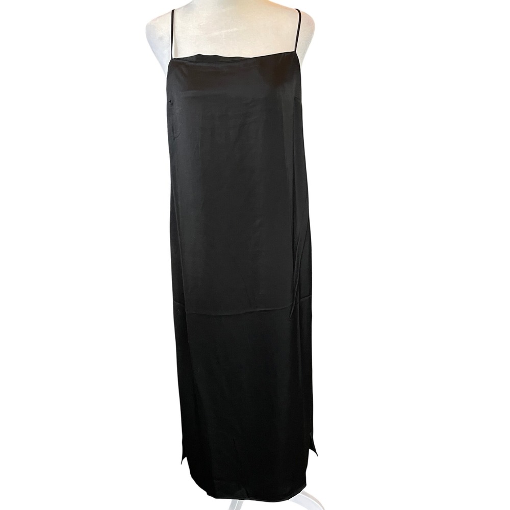 Womens Y2K Coquette Black Satin Slip Maxi Dress Small Slits Minimalist Chic